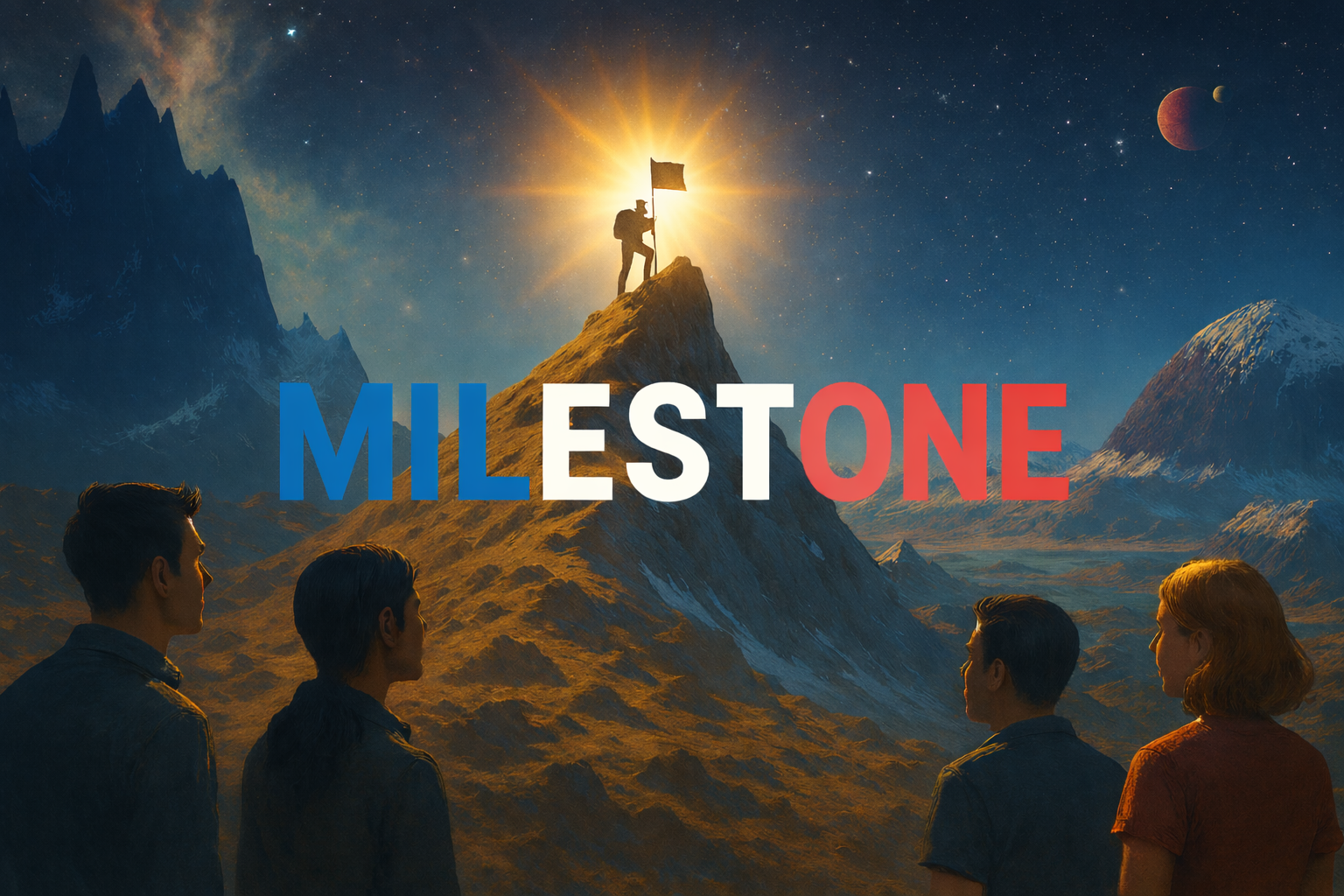 Milestone — a climber plants a flag on the summit while learners look on